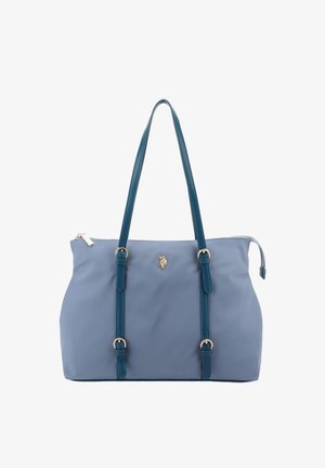 Blaue Handtasche mit langen türkisfarbenen Trägern, goldenen Schnallendetails, einem goldenen Pferdelogo und einem oberen Reißverschluss.
