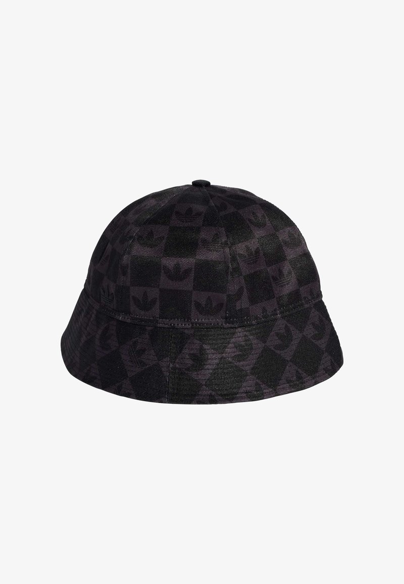 Chapéu preto tipo bucket com um padrão texturizado xadrez e discretos detalhes de logótipo. Feito de um tecido durável, projetado para um ajuste descontraído.