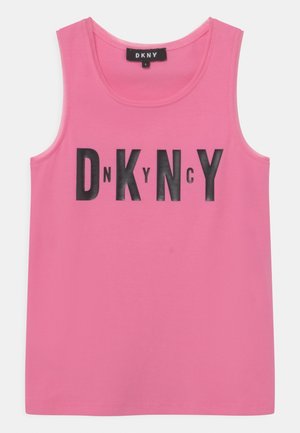 Rosa ärmelloses Tanktop aus Baumwolle mit rundem Halsausschnitt und einem schwarzen grafischen Textlogo mit der Aufschrift "DkNY."