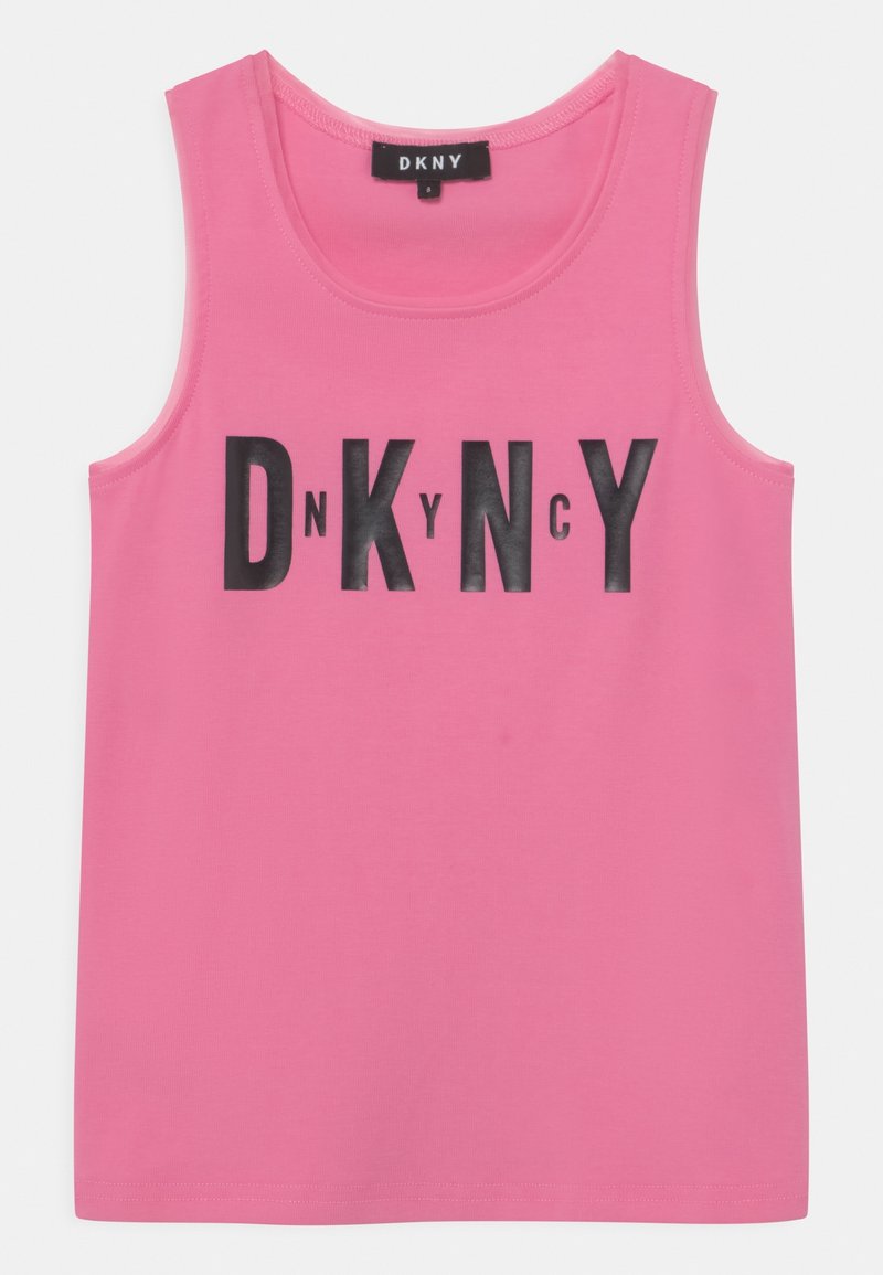 Débardeur sans manches rose en coton, avec un col rond et un logo texte graphique noir portant l'inscription "DkNY."