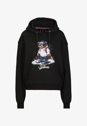 Schwarzer Hoodie mit einem Bärenmotiv in winterlicher Kleidung, bestehend aus einer weißen Jacke, blauen Hosen und einer schwarz-blauen Mütze. Mit Kordelzug-Detail.