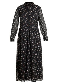 Svart blommig klänning med långa, genomskinliga ärmar, knappstängning fram och knytkrage. Har små rosa och vita blommönster över hela.