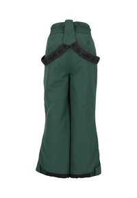 Grüne wasserdichte Hose mit weitem Bein, elastischem Bund und verstellbaren schwarzen Trägern. Glatte Oberfläche mit einem kontrastierenden schwarzen unteren Saum.