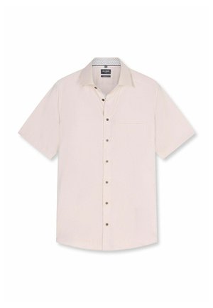 Short-sleeve beige button-up shirt with chest pocket, spread collar, and patterned inner collar detail.