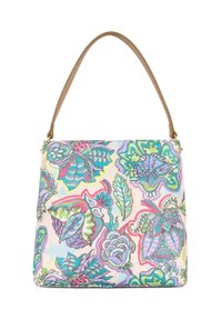 Borsa a tracolla con motivo floreale che presenta colori vari come rosa, verde e blu, con una superficie in tessuto liscio e una tracolla marrone chiaro.