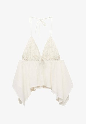 Bijela bez rukava majica s naboranim, trokutastim korzetom i lepršavim, višeslojnim rubom. Ima podesive trakice za vezivanje radi prilagodbe.