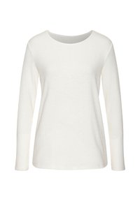 Langärmliges weißes Oberteil mit rundem Halsauschnitt und strukturiertem Rippmaterial, das einen lockeren Schnitt und dehnbares Material bietet.