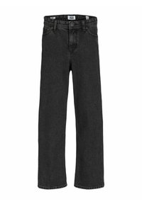 Pantalons en denim noir avec une coupe droite, dotés d'une fermeture à bouton et à zip classique, de poches avant et de coutures robustes.