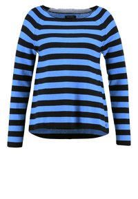 Sininen ja musta raidallinen neulepaita, neulottu kangas, pyöreä pääntie, pitkät hihat ja rento istuvuus hieman pyöristetyllä helmalla.