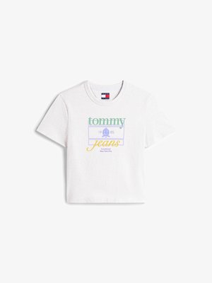 White cotton t-shirt with short sleeves, featuring "tommy jeans" text in green and yellow, and "Established New York City" in purple.