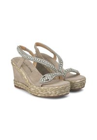 Sandali con tacco a cuneo beige con suola in juta intrecciata, dotati di una fascia decorata con strass e una parte superiore in morbido suede. Design con punta aperta.