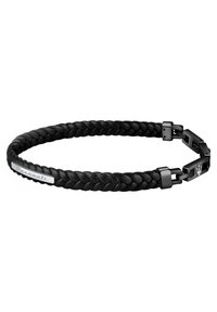 Black braided leather bracelet with a sleek silver clasp featuring a logo accent. Smooth texture and lightweight design.