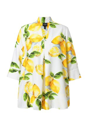 Weißes Kimono-Oberteil mit Zitronen- und grünem Blätter-Druck, dreiviertelärmlig und mit einer entspannten, fließenden Silhouette.
