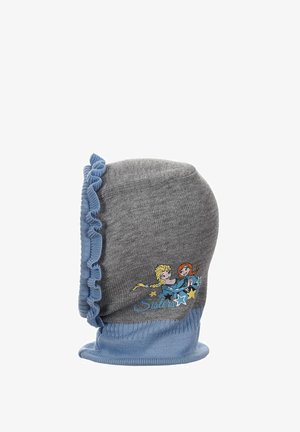 Balaclava gris tricoté avec un bord froncé bleu, présentant un graphique de deux personnages animés et le texte "Sœurs" en lettres bleues.