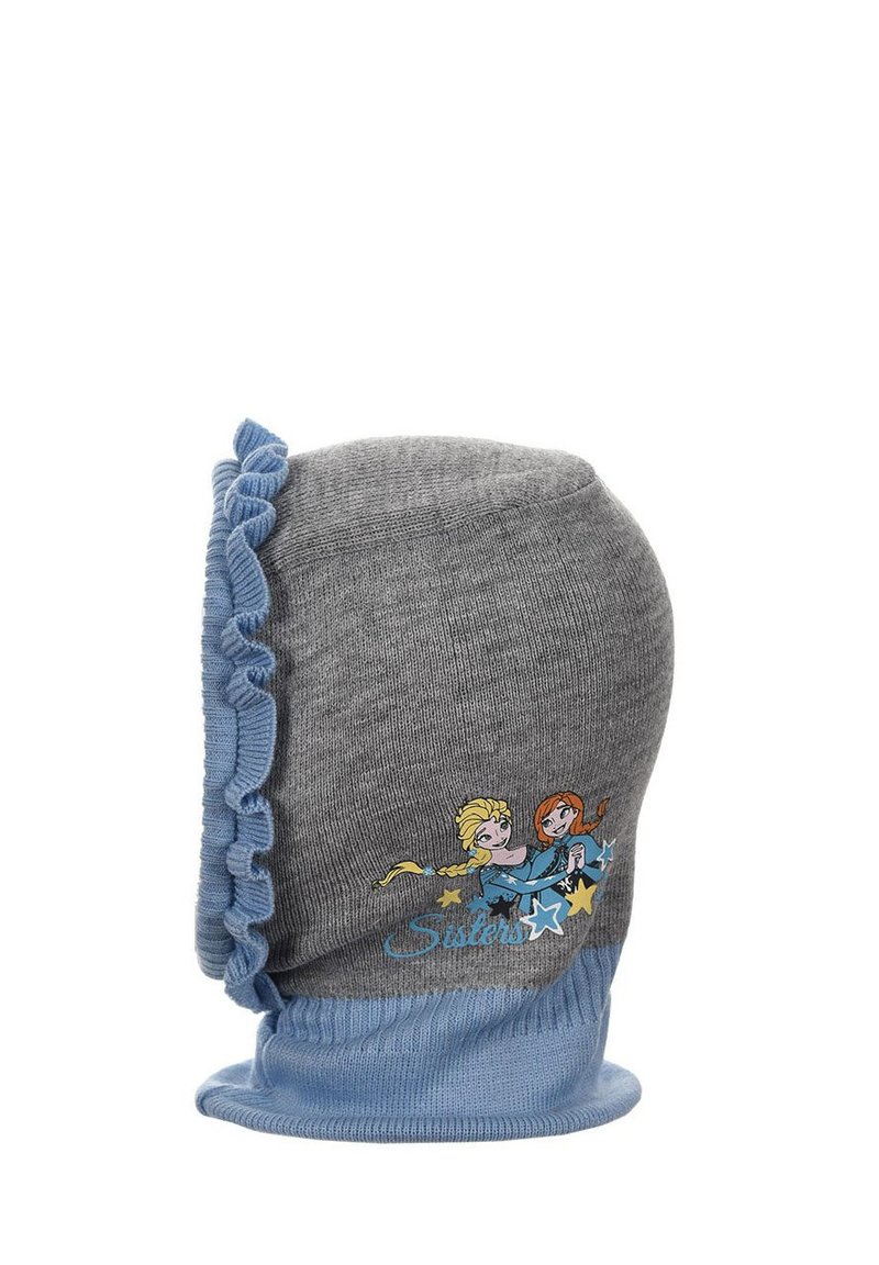 Balaclava de punto gris con un borde azul fruncido, que presenta un gráfico de dos personajes animados y el texto "Hermanas" en letras azules.