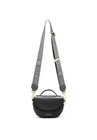 Zwarte neplederen handtas met een ronde vorm, voorzien van een grijze strap met opgedrukte branding en gouden hardware-accenten.