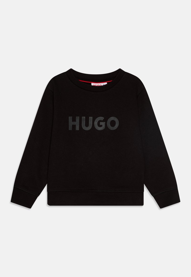 Felpa nera con colletto tondo, maniche lunghe e logo "HUGO" frontale con finitura opaca leggermente in rilievo. Tessuto morbido, polsini a costine.