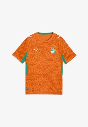 Maillot de football orange avec des panneaux latéraux verts, un motif discret imprimé léopard, des logos Puma et l'emblème de l'équipe nationale de Côte d'Ivoire avec trois étoiles.
