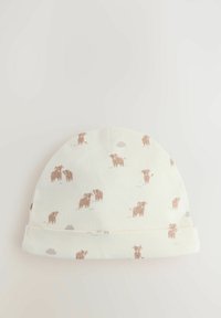 Gorro de algodón en color crema con patrones de vaca en marrón claro y detalles de nubes grises. Textura suave con un diseño de puño enrollado para un ajuste cómodo.