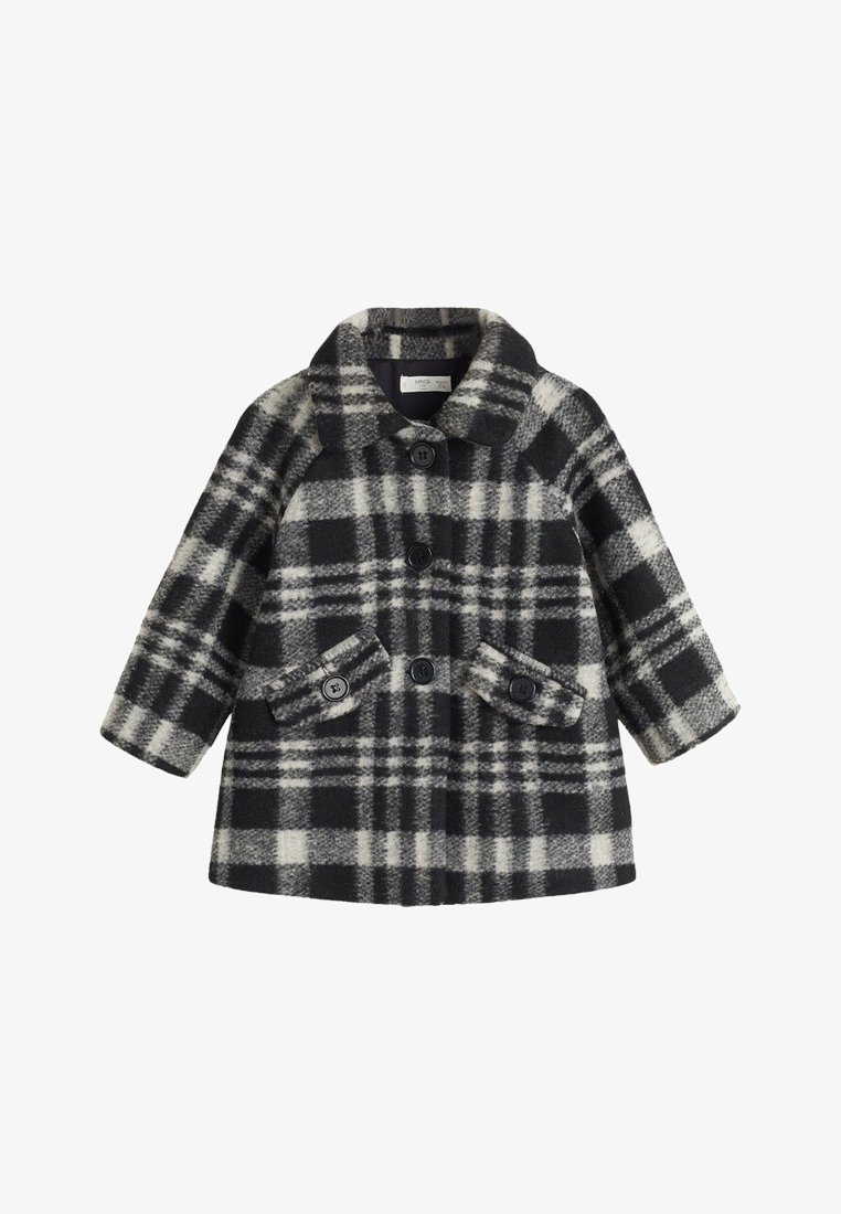 Manteau en laine à carreaux noir et blanc avec un col arrondi, des boutons croisés et deux poches avant. Coupe légèrement évasée en ligne A.