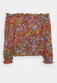 Off-the-shoulder bloemen top met lange, opgeblazen mouwen, met een meerkleurig patroon op een zwarte achtergrond. Textiele stof met elastische afwerkingen.