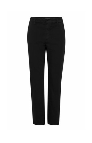 Mustat puuvillahousut suoralinjaisella muotoilulla, jossa on tasainen etuosa, vyölenkit ja huomaamattomat sivutaskut. Tasainen tekstuuri koko matkalta.