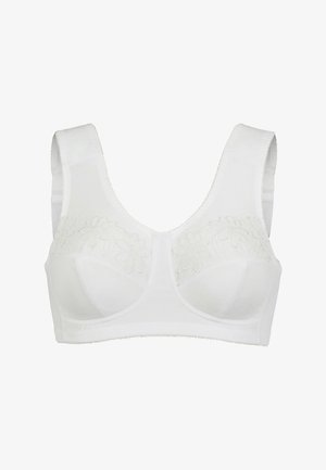 Vit bh med en texturerad blomsterdesign längs toppen, breda band, formade kupor och en slät yta. Tillverkad av lättviktigt tyg.