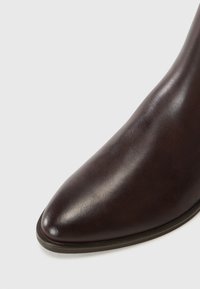 Botte cheville en cuir marron foncé avec un bout pointu et un design élégant. Texture lisse avec un petit talon robuste et un matériel minimal.