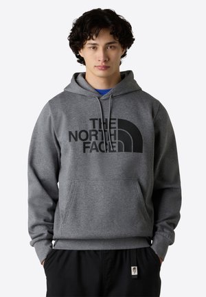 Joven con sudadera con capucha gris con el logo de "The North Face" en negro, con las manos en los bolsillos, de pie frente a un fondo blanco liso.