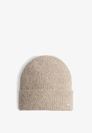 Beige knit beanie made of soft, textured fabric, featuring a cuffed design with subtle silver accents.