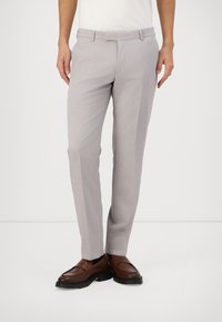 Light gray trousers made of a woven fabric, featuring a slim fit, flat front, and belt loops, paired with dark brown loafers.