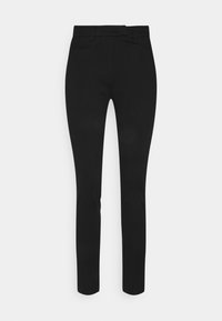Pantalon noir ajusté en tissu lisse. Il présente une taille mi-haute, deux poches avant et des jambes slim avec un design épuré.