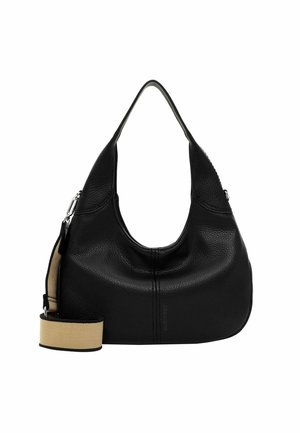 Black leather hobo bag with a rounded shape, featuring a textured finish, and a detachable beige strap with a black edge.