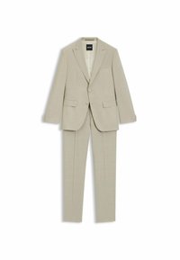 Beige tvådelad kostym med skräddarsydd passform, enfärgad blazer med två framfickor och slagkrage, i kombination med byxor med slät front.