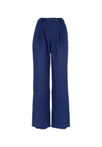 Marineblauwe wijde broek, lichtgewicht stof, geplooide voorkant en een enkele knoopsluiting in de taille.