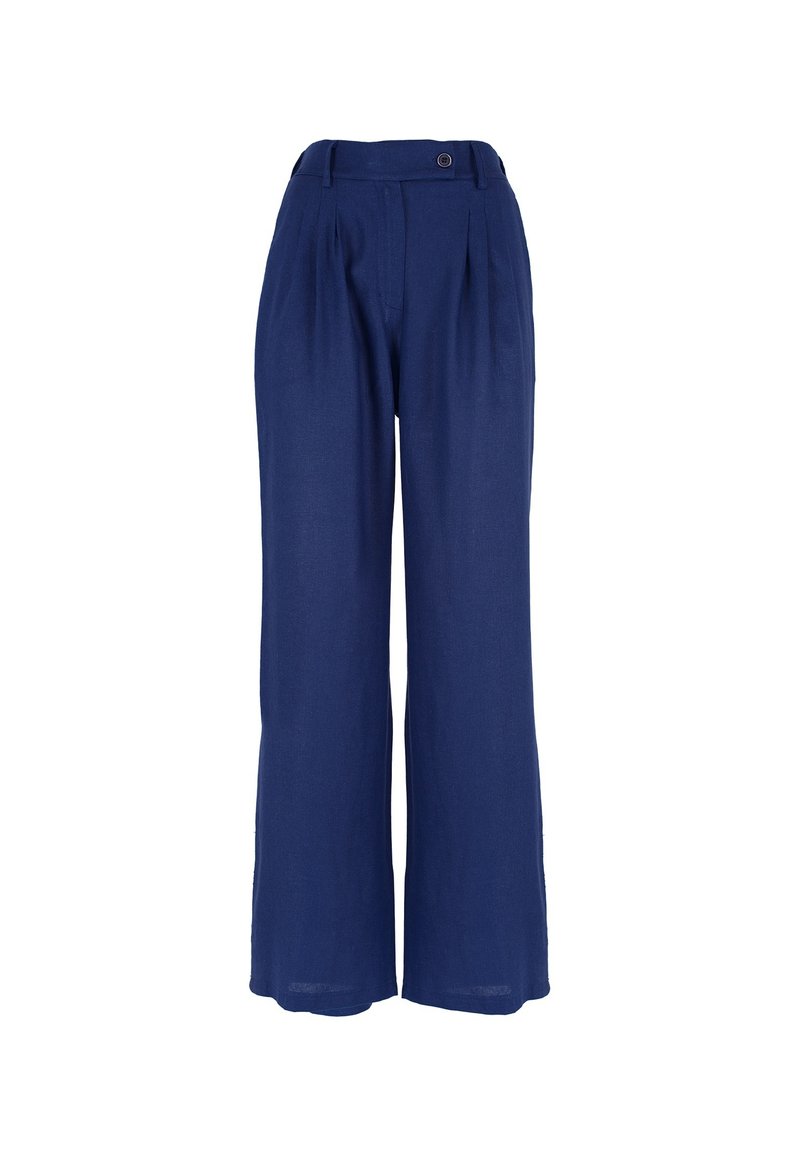 Marineblauwe wijde broek, lichtgewicht stof, geplooide voorkant en een enkele knoopsluiting in de taille.