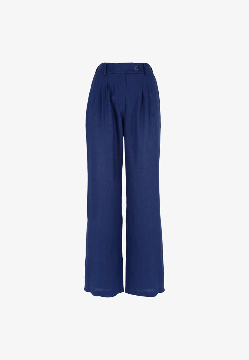 Marineblauwe wijde broek, lichtgewicht stof, geplooide voorkant en een enkele knoopsluiting in de taille.
