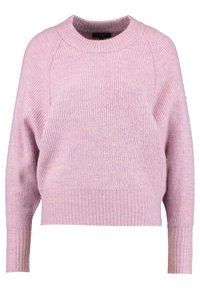 Suéter de punto rosa con textura acanalada, escote redondo y mangas largas. El diseño presenta un ajuste relajado y sutiles variaciones de color.