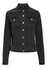 Black denim jacket with a fitted design, silver button closures, two breast pockets, and a point collar, featuring a slightly faded texture.