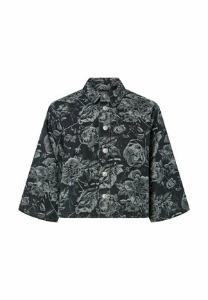 Veste courte noire avec un motif floral gris, fermeture à boutons, manches larges et col pointu.