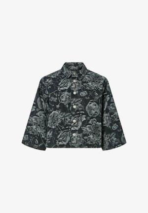 Tume lühike jakk halli lillemustriga, nööbid ees, laiad varrukad ja terav krae.