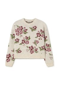 Suéter de punto en color crema con patrón floral en burdeos y verde, cuello redondo, diseño corto, puños y dobladillo acanalados.