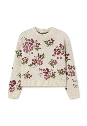 Suéter de punto en color crema con patrón floral en burdeos y verde, cuello redondo, diseño corto, puños y dobladillo acanalados.