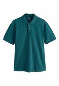 Tyrkysové polo tričko vyrobené z jemnej bavlny. Obsahuje klasický golier, trojité zapínanie na gombíky, krátke rukávy a vyšitý logo na hrudi.