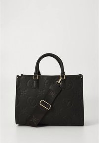 Zwarte leren handtas met geperste circulaire en bloemmotieven, dubbele handgrepen en een verstelbare stoffen schouderriem met gouden hardware.