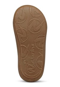 Soletta di scarpa in gomma marrone con motivo testurizzato e logo. Presenta una finitura liscia e bordi arrotondati. Design leggero per il comfort.