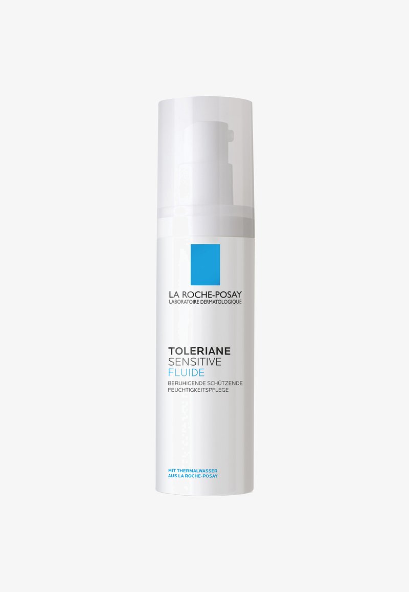 La Roche-Posay Toleriane Sensitive Fluide moisturizer bottle with pump dispenser and blue logo on white background.