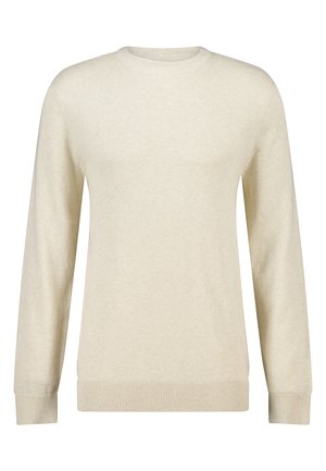 Maglione lavorato a maglia di colore crema con colletto rotondo. Maniche lunghe, polsini e orlo a coste, texture liscia, senza fantasie o decorazioni.