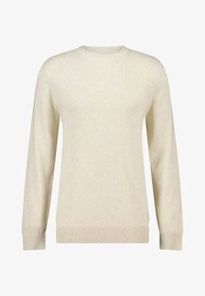 Crème-kleurige gebreide trui met een ronde hals. Lange mouwen, ribgebreide manchetten en zoom, gladde textuur, geen patronen of versieringen.