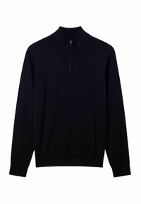 Pull à col zippé noir en tissu tricoté lisse. Il présente des manches longues et un col haut avec une courte fermeture éclair à l'avant.